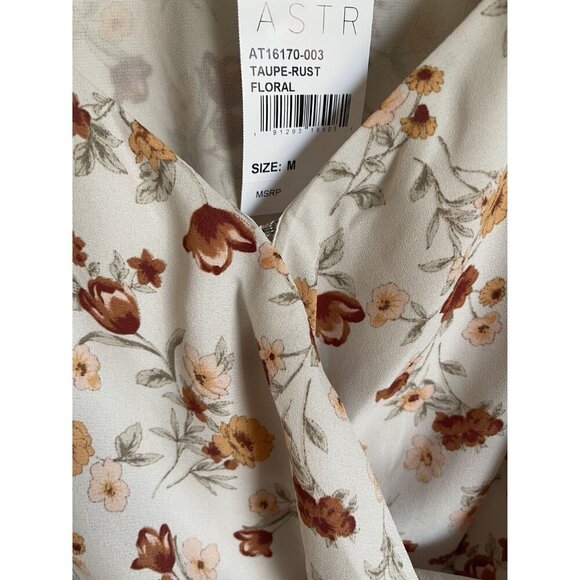 New! ASTR Taupe Rust Floral Peplum Top Size Medium Short Sleeve V-Neck White Puf - Picture 4 of 7